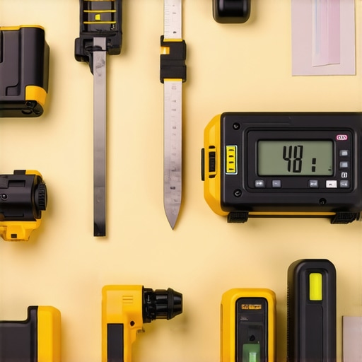 A collection of professional drywall and building tools including laser level, digital tape measure, and taping knives.