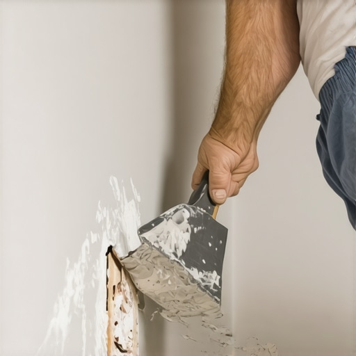 Close-up of a drywall corner with a trowel applying joint compound for repair.