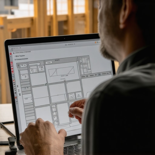 Architect analyzing digital construction plans on a computer.