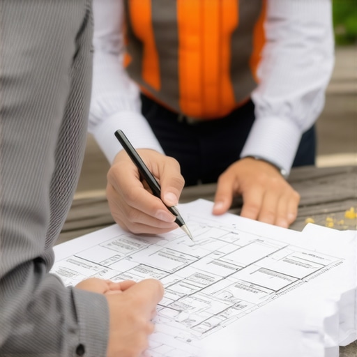 Builder and inspector reviewing blueprints together.