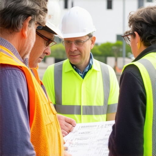 Engineer discussing permit plans with city officials at a construction site.