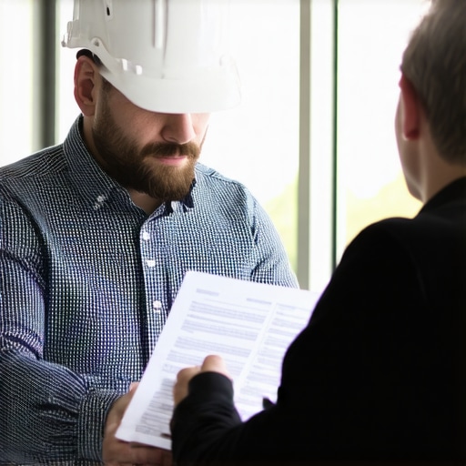 Contractor presenting detailed construction plans to permit officer in government building