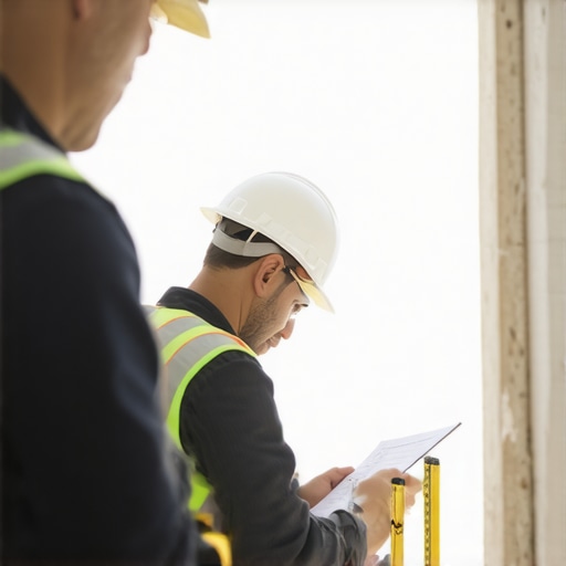 Contractor analyzing permit paperwork and drywall measurements at construction site.