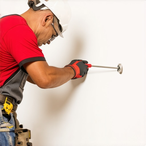 Person securing drywall corner bead with screwdriver in workshop.