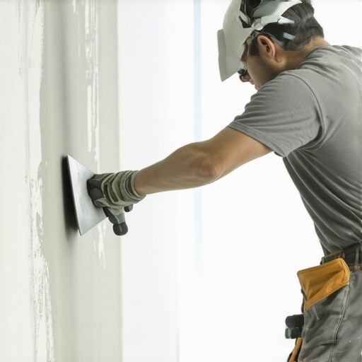 A worker applying a thin, even coat of joint compound on drywall with a large taping knife in a bright workshop.