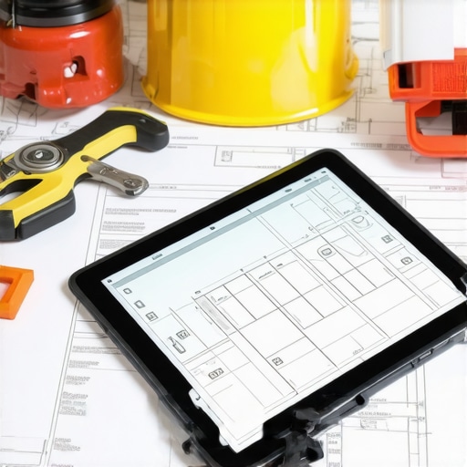 Construction tools for drywall finishing alongside digital plan review tablet on site.