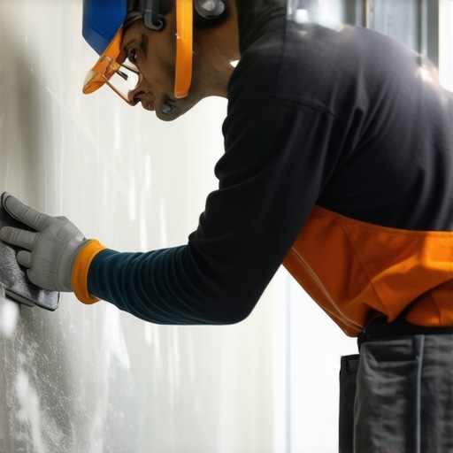 A worker smooths drywall surface with a sanding block and joint compound during finishing
