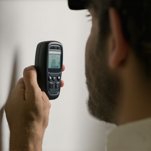 Homeowner measuring drywall moisture levels during home maintenance.