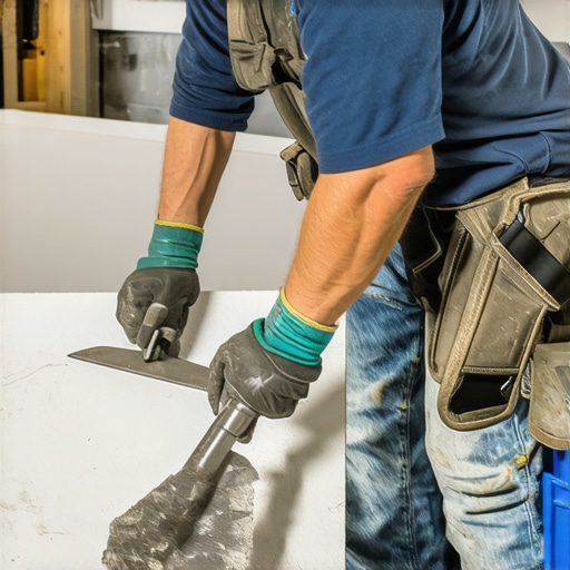 Close-up of a drywall trowel and hawk in use during wall finishing.