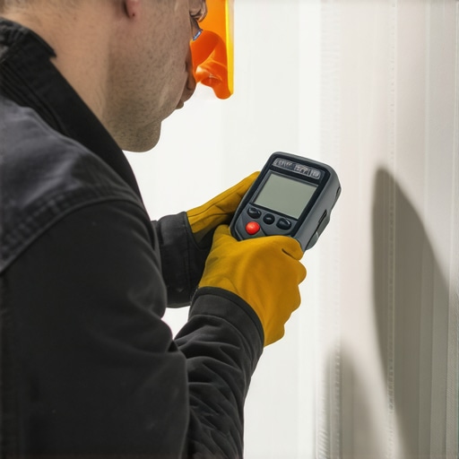 A technician measuring moisture levels on drywall using a digital moisture meter