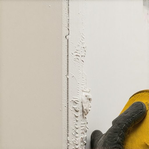 Close-up of professional applying joint compound to drywall joint with sanding sponge