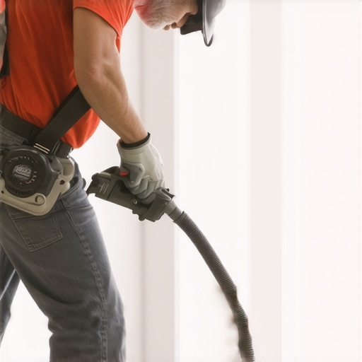 A person sanding drywall with a dust-collecting sander for smooth walls