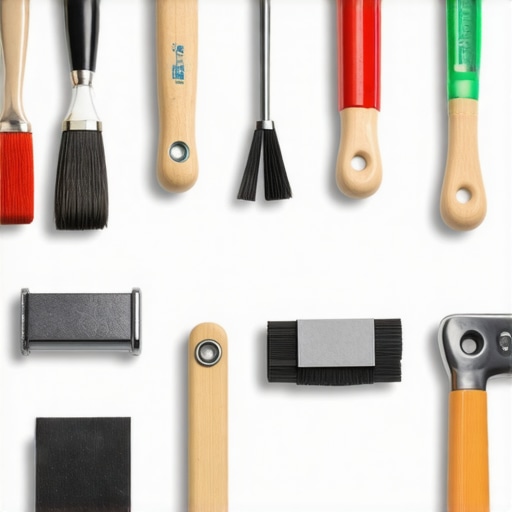 Professional drywall finishing tools like trowels, sanders, and moisture meters neatly arranged