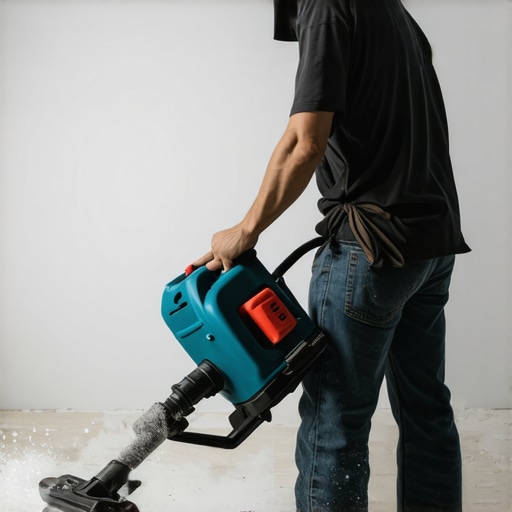 Worker sanding drywall while connected to a vacuum with dust filter