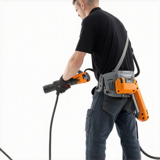 Contractor using dustless drywall sander with HEPA vacuum in well-lit room
