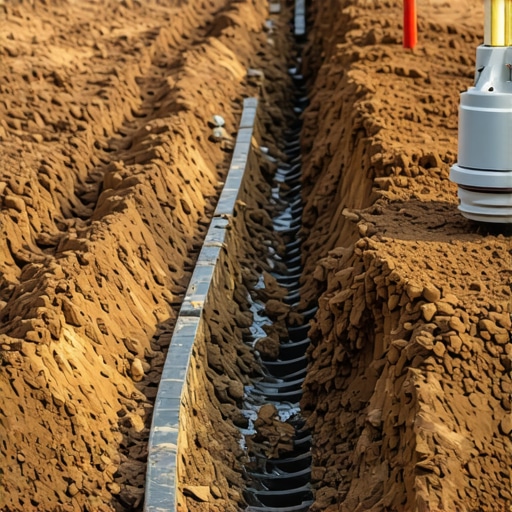 Construction site showing drainage trenches and grading for foundation protection.