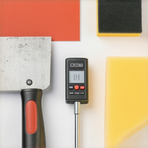 A collection of drywall tools used for repair and maintenance, including a taping knife, sanding sponge, and moisture meter.