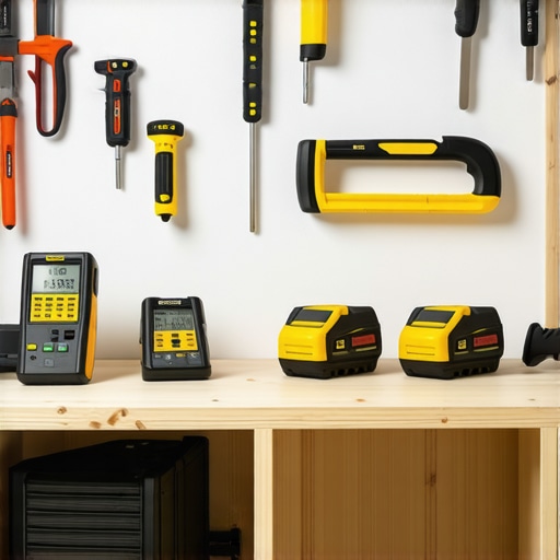 A collection of drywall and construction tools including moisture meters and laser measures on a workbench.