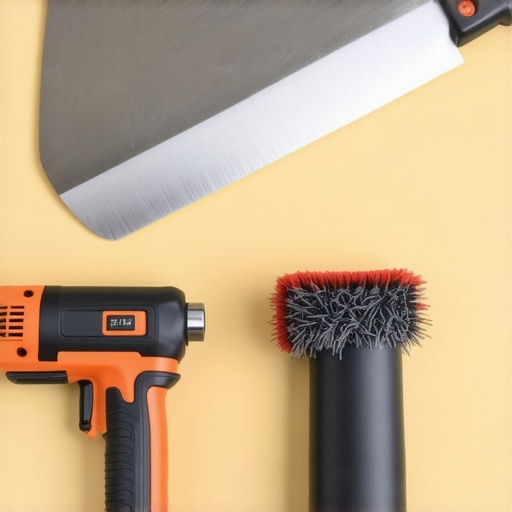 A collection of professional drywall tools including a taping knife, dustless sander, and moisture meter arranged on a workbench
