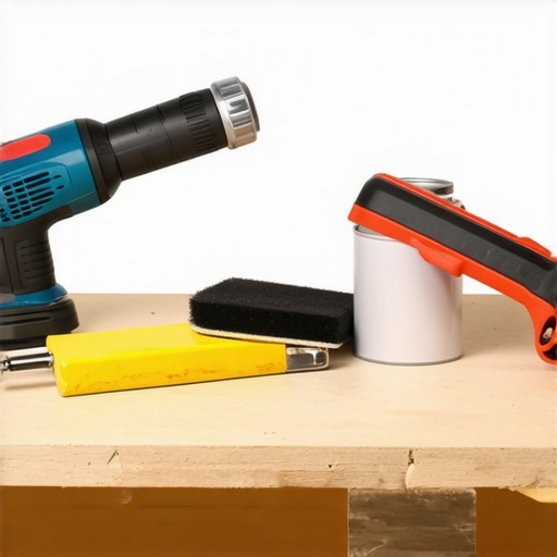 Professional drywall tools laid out on a workbench ready for use.