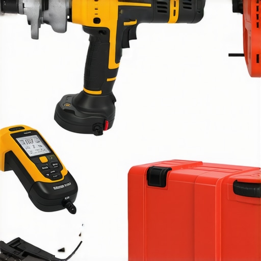 Tools for drywall upkeep such as a screw gun, moisture meter, and sanding pole arranged on a workbench