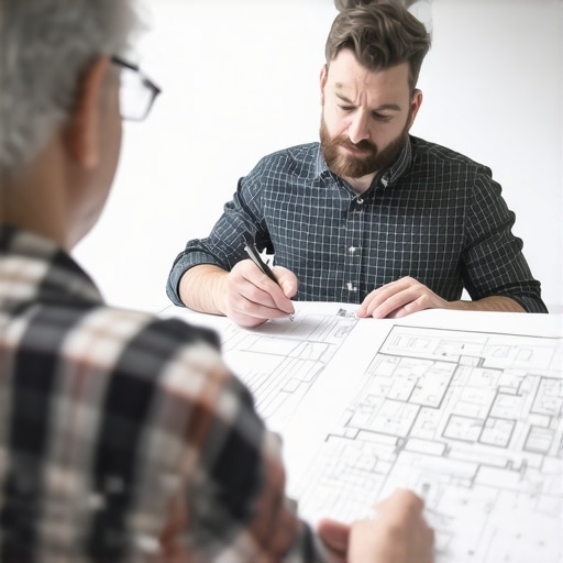 A person reviewing blueprints with a city planner in an office setting.