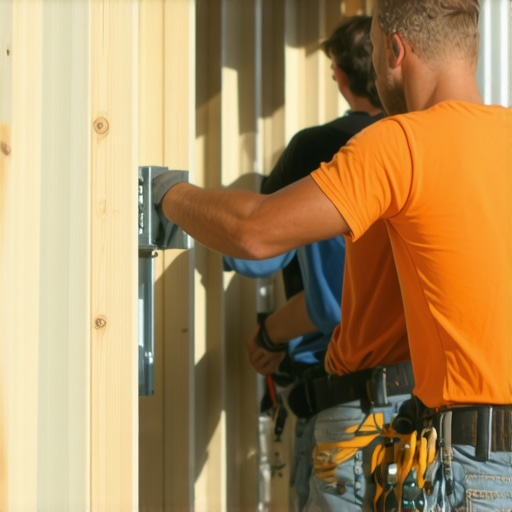 Carpenters securing metal joist hangers with screws during framing repair