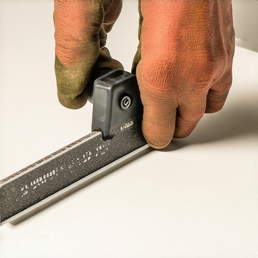 Person sharpening a drywall taping knife with a sharpening stone, emphasizing tool maintenance.