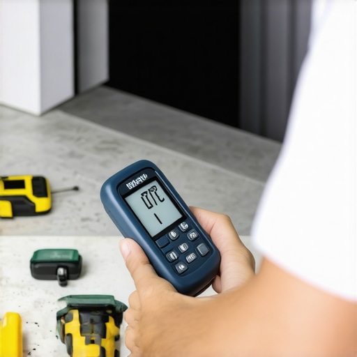 Moisture Meter for Home Maintenance A technician testing drywall moisture levels with a digital moisture meter after renovation work.