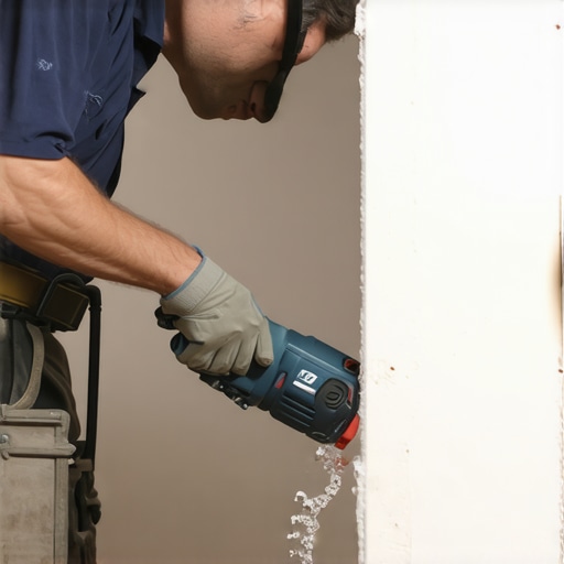 Worker accurately cutting drywall with oscillating tool around a plumbing pipe.