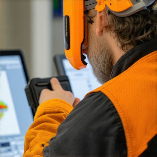 A contractor aligning drywall with a laser level while reviewing site plans on a computer