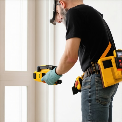 Contractor using laser level and moisture meter during remodeling