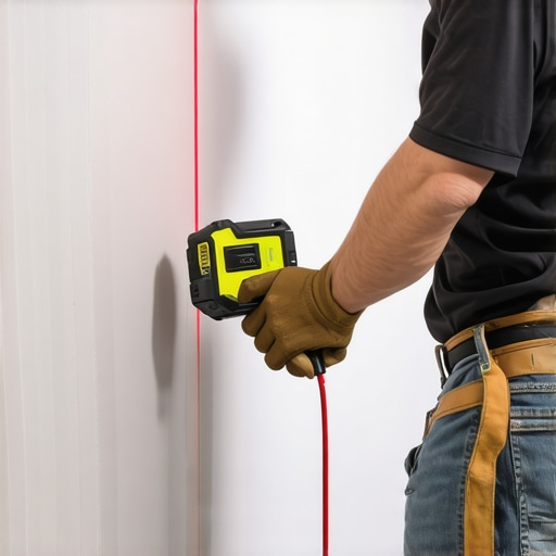 Tech professional measuring drywall with laser level and moisture meter
