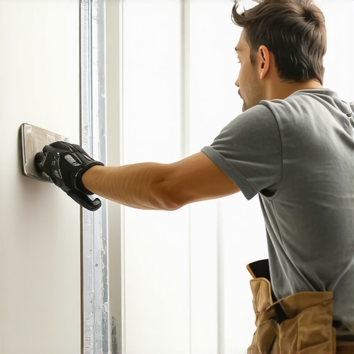 Drywall worker applying joint compound smoothly with a large knife