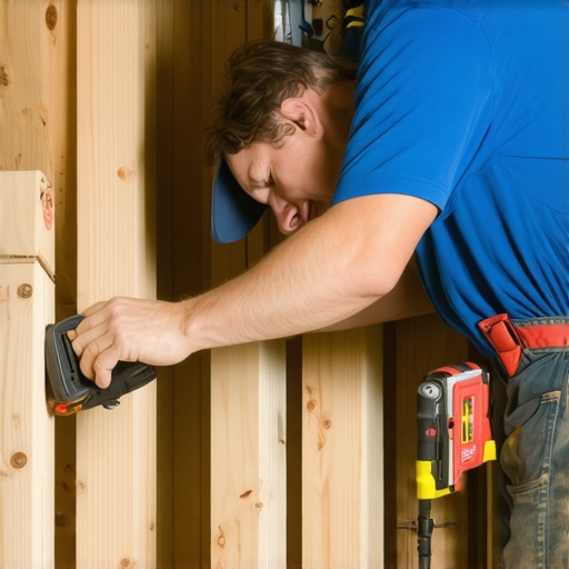A handyman attaching new lumber alongside existing ceiling joists to strengthen support