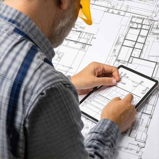 An architect analyzing digital construction plans on a tablet to expedite dry wall permit approval.