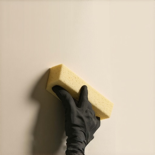Person sanding drywall patch with sponge to achieve smooth surface.