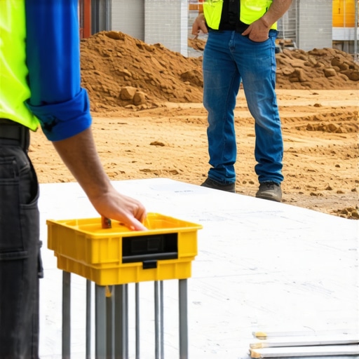 Construction inspector analyzing soil samples and foundation grading on a building site.