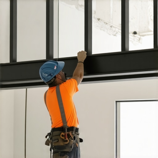 Contractor installing steel support beam in a drywall opening