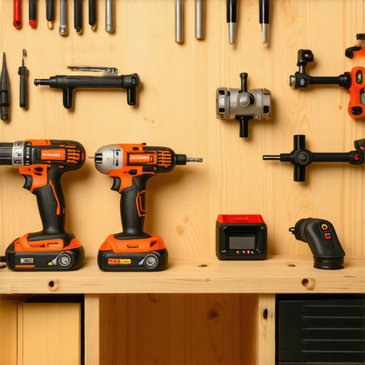 A tidy workshop featuring cordless tools, organized storage, and digital plans for home renovation.
