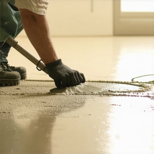 Homeowner pouring self-leveling compound onto a concrete basement floor to create a flat surface for flooring installation.