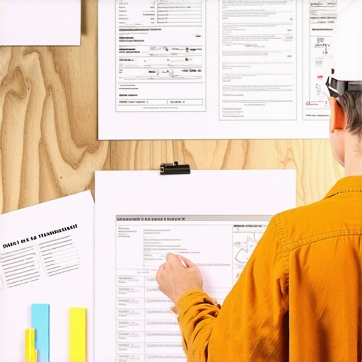 A construction site with permit paperwork and drywall sheets being reviewed by a builder