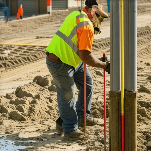 Construction worker installing deep concrete pilings to stabilize sandy foundation