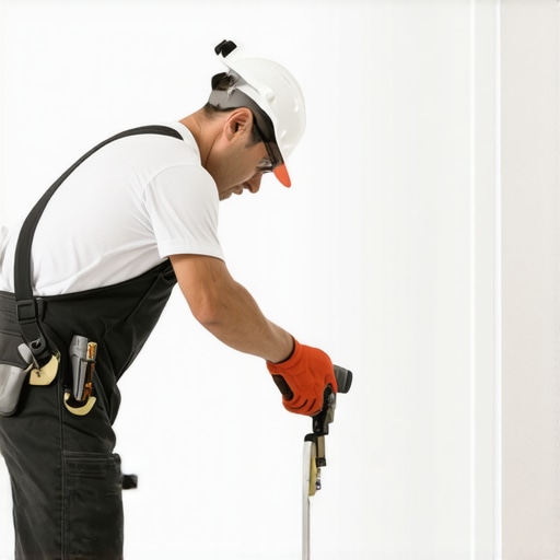 Drywall Finishing Tools in Action Contractor using electric drywall sander with pole attachment during remodeling