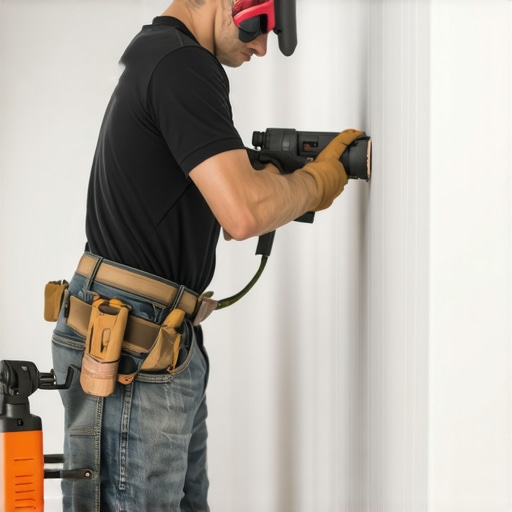 Drywall installer using screw gun on moisture-resistant drywall in basement