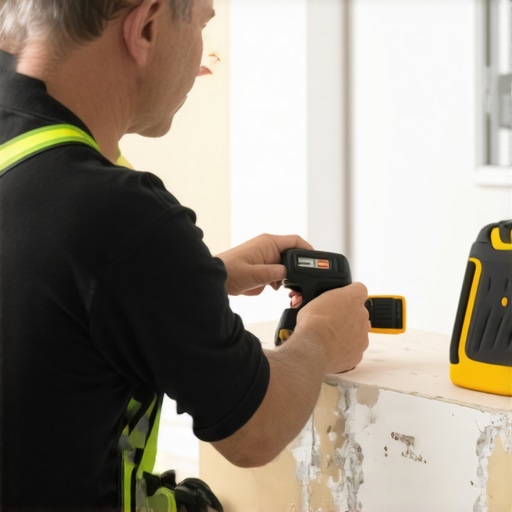 A contractor measuring drywall alignment with a laser level and checking moisture levels with a handheld device during renovation.