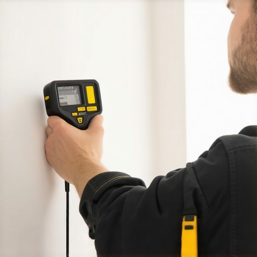 A technician uses a moisture meter and laser level to inspect drywall for long-term maintenance.