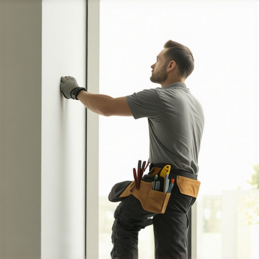 Drywall technician checking for cracks and damages with specialized tools