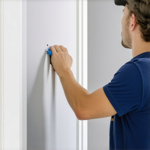 Contractor measuring drywall and cabinet backs during remodel.