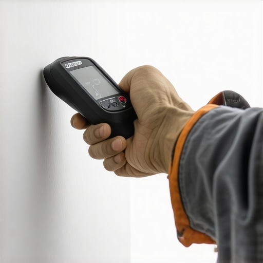 Person measuring drywall moisture with a digital device, emphasizing maintenance tools
